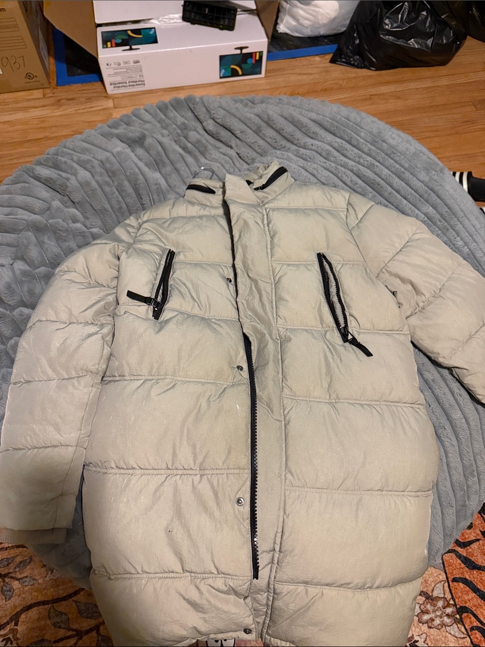 Topman Cream Quilted Puffer Jacket with Black Trim